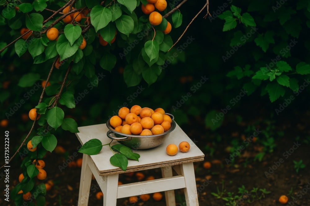 Aufkleber ripe apricots are overflowing a metal bowl placed on a small white stool beneath the branches of an 