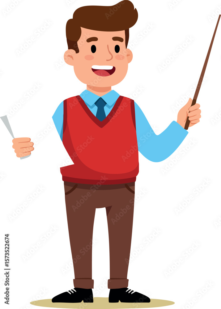 Poster man teacher smiling and holding pointer stick with paper in casual office outfit happy expression ve