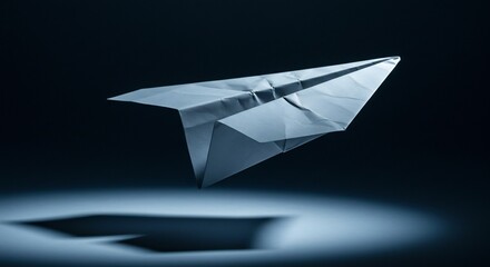 Paper Airplane Soaring in Dark Blue, Dramatic Lighting, Shadow Play