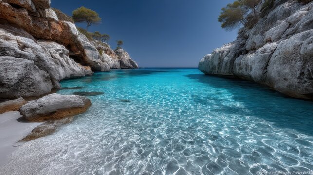 Turquoise waters of cala macarella  scenic beach landscape