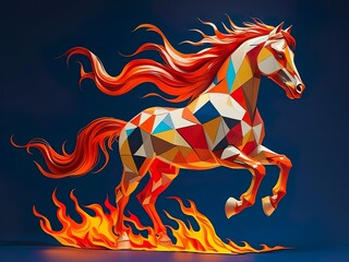 Art design, fiery horse from mosaic with flames under hooves, symbol of the year 2026, 3d, dark background