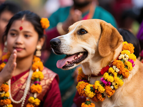 Honored Dog with Marigold Garland at Kukur Tihar Celebration