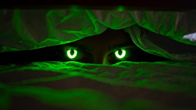 Intense Gaze: Eerie Green Eyes Peer Out From Underneath Covers in the Dark