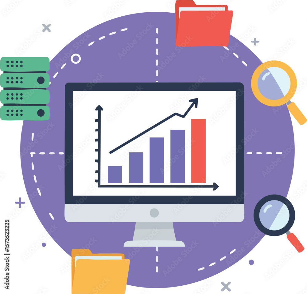 Poster computer monitor with business growth chart and data analysis icons in flat style vector illustratio