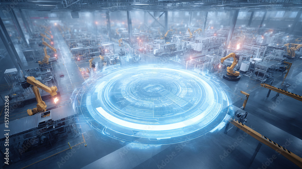 Poster futuristic factory showcasing automated assembly. modern machinery and holographic display symbolize