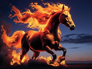 Fiery horse galloping through a dramatic landscape, flames enveloping its mane and body. A powerful symbol of strength and freedom, perfect for New Year 2026, evoking magic and mythical energy