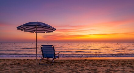 Serene Sunset Beachscape: Striped Umbrella and Empty Chair