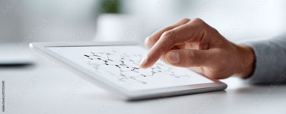 Poster closeup of a hand interacting with a tablet displaying a complex network diagram. illustrates connec