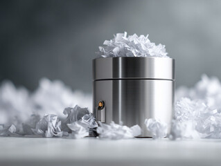 Overfilled paper shredder with crumpled paper. Destruction of documents, information overload. Metaphor for failure, mistakes, or privacy. For business, finance, or office use.