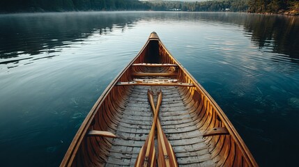 Obraz premium Wooden Canoe on Calm Lake Serene Nature Scene Tranquil Water Paddle Adventure Summer Travel Peaceful Escape Beautiful Scenery Rustic Boat Calm Waters Morning Mist Forest Background