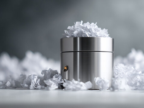 Overfilled paper shredder with crumpled paper. Destruction of documents, information overload. Metaphor for failure, mistakes, or privacy. For business, finance, or office use.