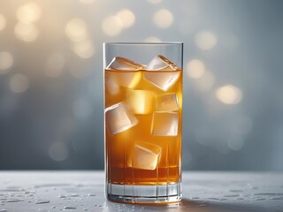 Glass with cocktail, dark alcohol, cognac, whiskey, brandy on ice, minimalism