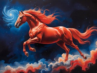 Red fiery horse flying against dark blue sky, new year 2026