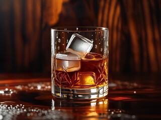 Glass of whiskey with ice, dark luxury background, fashion design