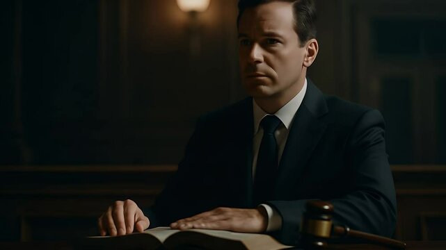   Legal Precision: A focused legal professional in a courtroom, absorbed in the intricacies of a law book with a gavel resting nearby, embodying authority and legal precision. 