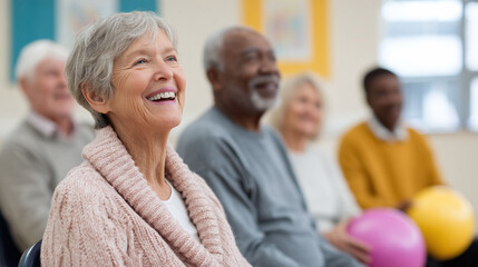 Diverse group of seniors smiling during a program. Represents community, engagement, wellness, and active aging. Use for health, lifestyle, or social impact projects.