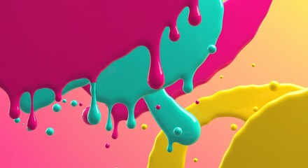Vibrant Paint Drips: Abstract Composition with Pink, Teal, and Yellow Hues