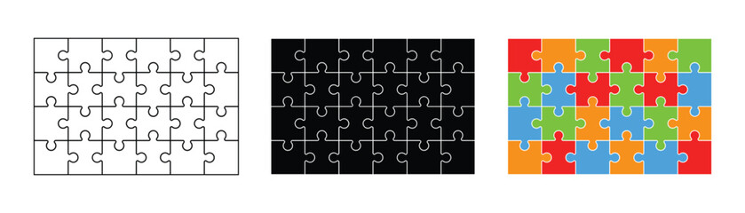 Jigsaw puzzle set with many colorful pieces. Different puzzle pieces shapes. Vector illustration.