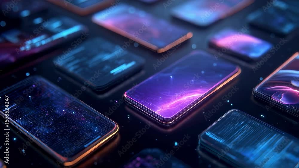 Aufkleber enchanting view of interconnected glowing smartphones surrounded by vibrant holographic layer design