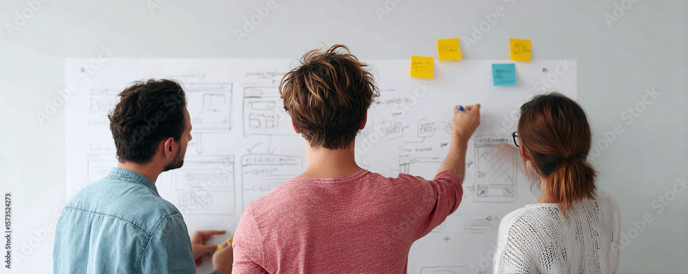Aufkleber creative team collaborating on whiteboard sketches. diverse colleagues brainstorming ideas and workf
