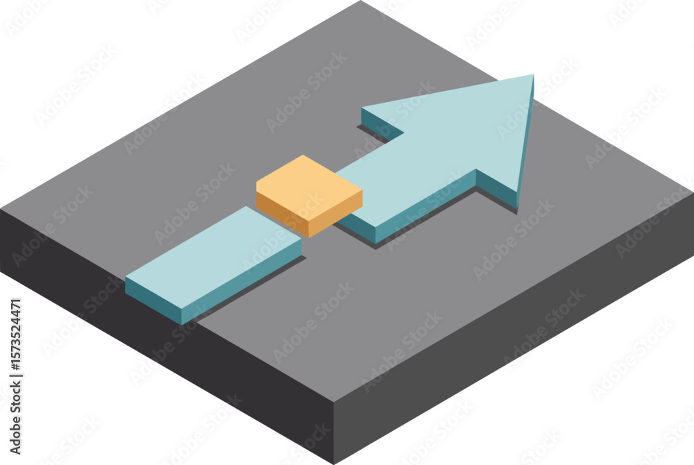 Poster blue arrow moving forward on gray platform symbolizing progress and direction in isometric style vec