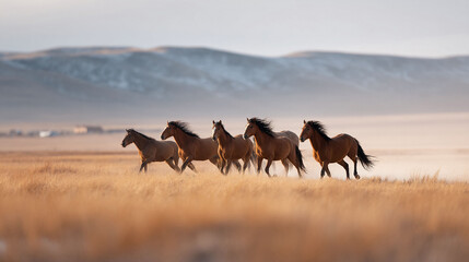 Fototapeta premium Wild horses gallop freely across a golden prairie, embodying freedom and strength. Evokes untamed nature, adventure, power, and the spirit of the American West.