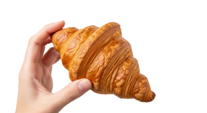 A hand holding a golden brown croissant against a black background in a studio shot close up view