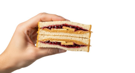 Hand holding a triple layer peanut butter and jelly sandwich on a black background close up view