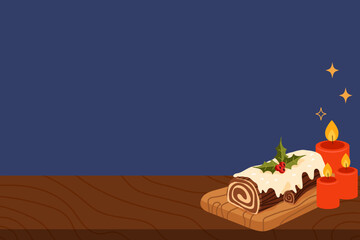 Christmas chocolate log cake with white icing and holly decoration, placed on a wooden board with burning candles on a dark blue background. Vector illustration for holiday banners, greeting cards