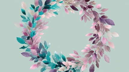 A pastel-colored wreath of stylized leaves in teal, pink, and purple hues, arranged in a circular frame against a muted green background, creating a soft, elegant design