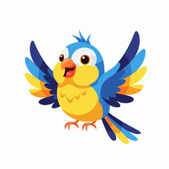 A cheerful blue and yellow cartoon bird in midflight with its wings spread open