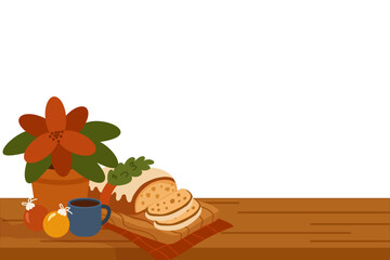 Vector banner illustration with a sliced Christmas Stollen cake, red poinsettia flower, coffee cup, and Christmas ornaments on a wooden table. For holiday posters, invitations, social media headers