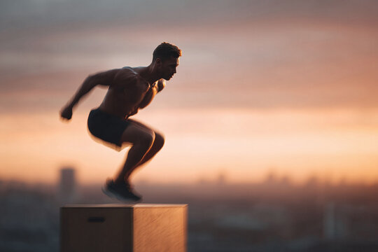Dynamic shot of a muscular man performing a box jump against a vibrant sunset. Represents fitness, strength, perseverance, and overcoming challenges.