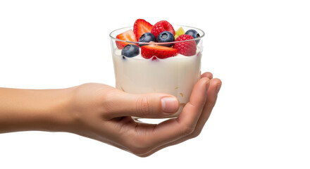 Hand holding a glass of yogurt topped with fresh strawberries raspberries and blueberries on black background