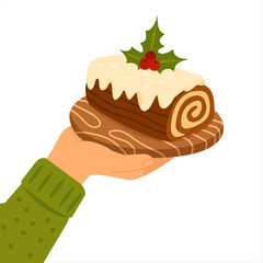 Vector illustration of a traditional Christmas chocolate log cake buche de Noel with white icing, served on a wooden plate and held in hand. For festive designs, bakery ads, greeting cards