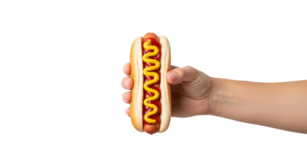 A hand holding a hot dog with mustard and ketchup on a black background in a vertical shot