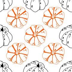 Seamless pumpkin pattern in black and orange line art style on a white base. Great for autumn designs, textile prints, packaging, kitchen textiles, scrapbooking projects, and festive decorations.