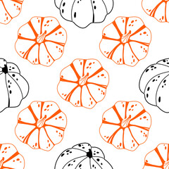 Seamless pumpkin pattern with black and orange line art pumpkins on white background. Ideal for autumn designs, fabric prints, wrapping paper, kitchen textiles, scrapbooking, and seasonal crafts.