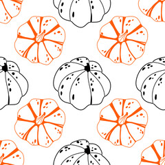 Seamless pattern featuring black and orange line art pumpkins on a white background. For autumn-themed designs, fabric prints, wrapping paper, kitchen textiles, and seasonal decorations.