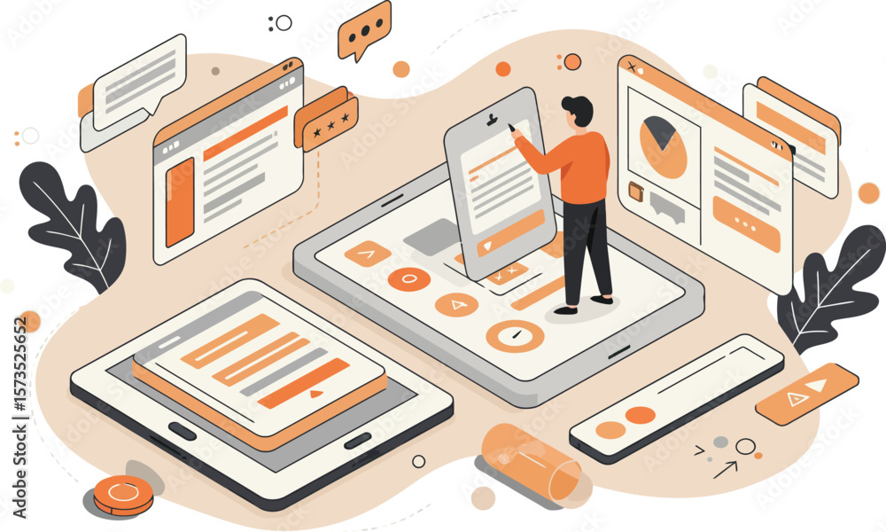 Poster data analytics dashboard illustration with people interacting on devices showing charts and graphs v
