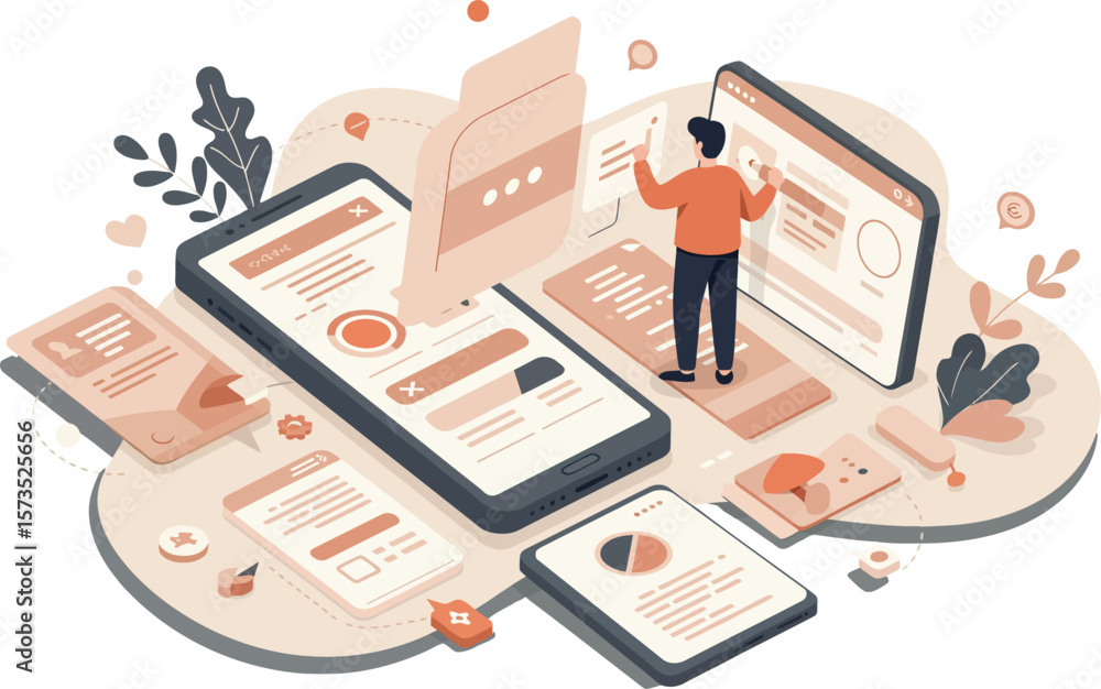 Poster digital marketing strategy concept with multiple devices and data analysis visualization in isometri