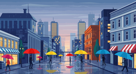 A rainy city street with people walking under colorful umbrellas reflected in the wet pavement
