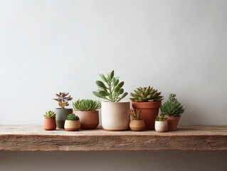 A collection of potted succulents arranged on a rustic wooden shelf against a neutral backdrop. Represents growth, simple living, and natural home decor. Ideal for blogs or ads.
