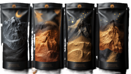 Luxury matte black stand-up pouches with mountain texture artwork and celestial accents. Transparent PNG. perfect for coffee, tea, or specialty food branding and packaging mockups