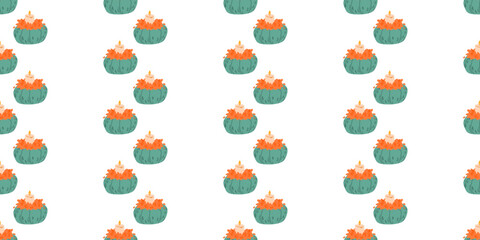Seamless pattern with green pumpkin-shaped candles decorated with orange leaves on white background. For autumn designs, fabric prints, wrapping paper, kitchen textiles, packaging, and scrapbooking.