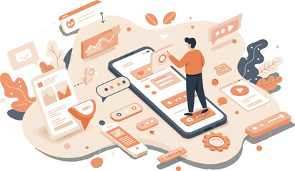 Mobile app user interacting with digital interface and data visualization in technology environment vector illustration 
