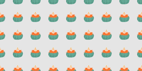 Seamless pattern with green pumpkin candles and orange leaf decor on white background