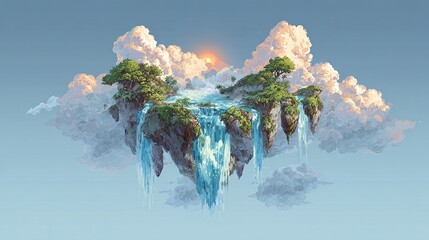 Heart-shaped floating island paradise with lush greenery, waterfalls cascading down rocky cliffs, nestled amongst fluffy clouds under a setting sun