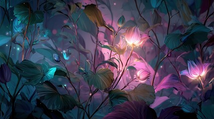Ethereal blossoms illuminate a mystical forest, glowing with soft pink and teal light amidst lush, dark foliage.  Faint sparkles dance between the luminous flowers and leaves