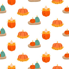 Seamless pattern with pumpkin-shaped candles, autumn leaves, and cozy decor compositions on white background. for fall designs, fabric prints, wrapping paper, packaging, and scrapbooking.